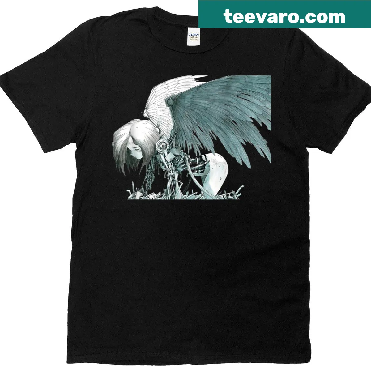 Vintage-style graphic of a mechanical angel with intricate design — on a men's t-shirt