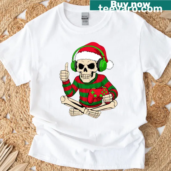 Skeleton Santa with a gaming controller graphic for Christmas