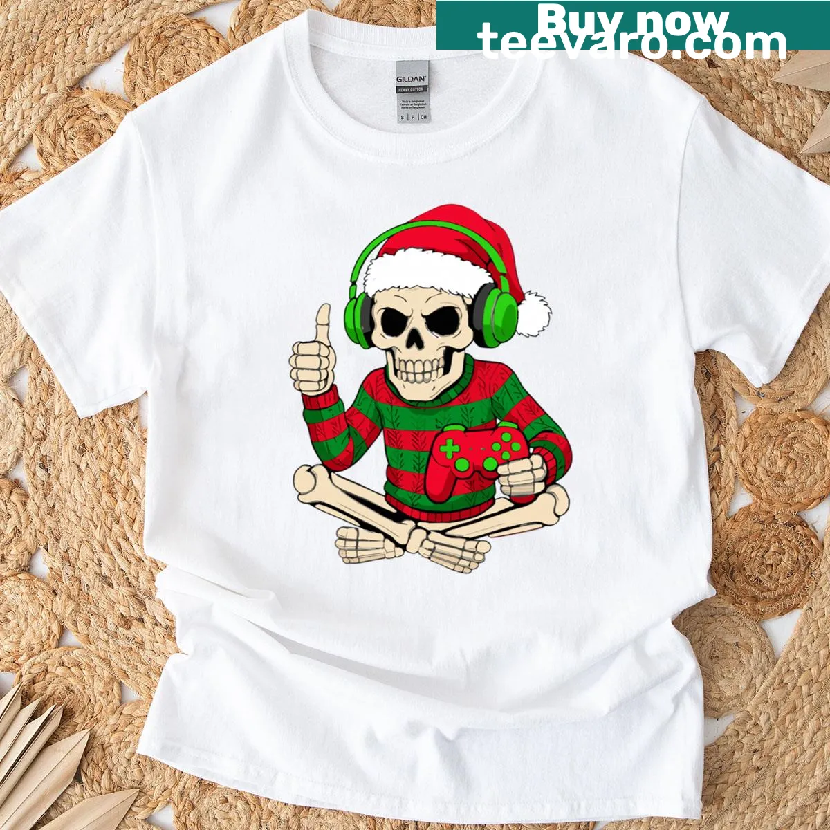 Skeleton Santa with a gaming controller graphic for Christmas — on a men's t-shirt