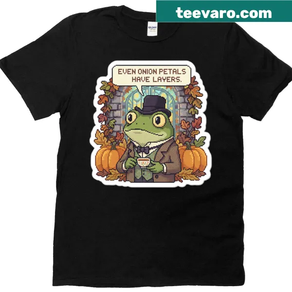 Pixel art frog holding tea with pumpkins on an oversized t-shirt