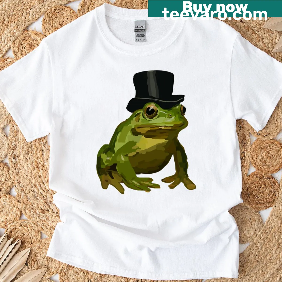 Oversized t-shirt featuring a gentleman frog in a top hat and bow tie — on a men's t-shirt