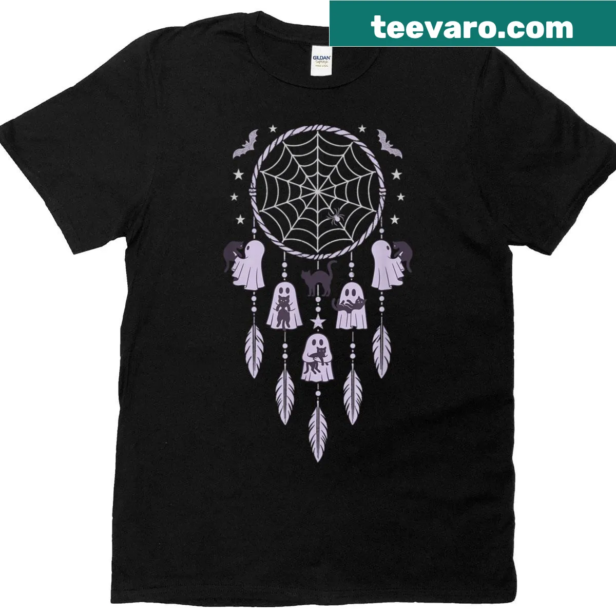 Halloween t-shirt with ghosts, black cats, and a dreamcatcher illustration — on a men's t-shirt