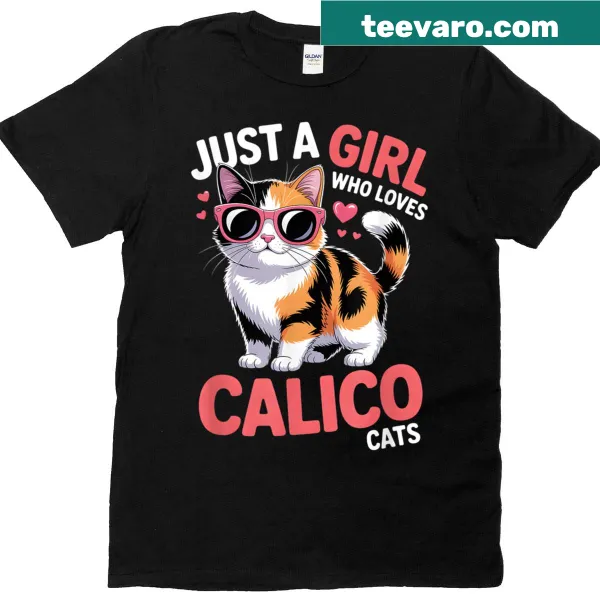 Illustrated calico cat graphic t-shirt for girls