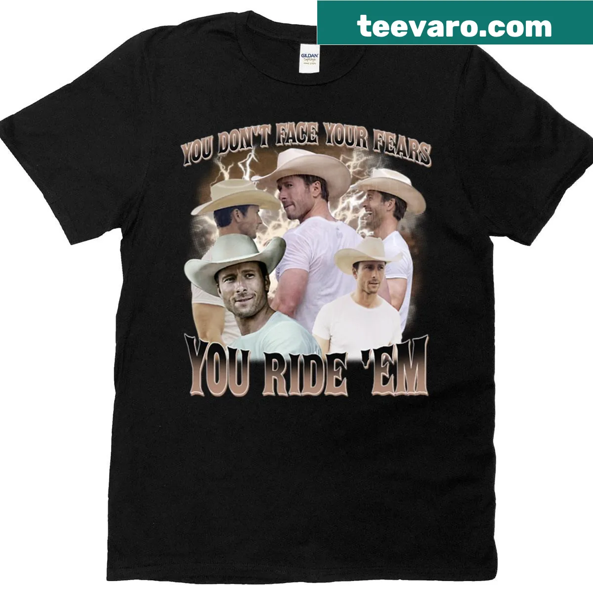 Quote based design referencing Glen Powell on a t-shirt — on a men's t-shirt