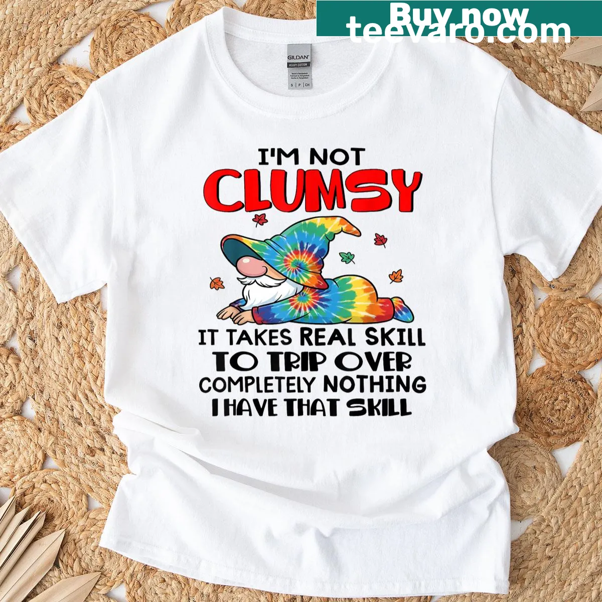 Funny gnome-themed T-shirt about clumsiness — on a men's t-shirt