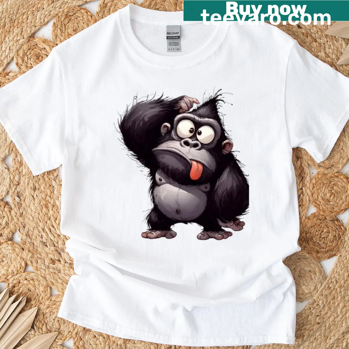 Funny oversized T-shirt with cartoon gorilla shrug design — on a men's t-shirt