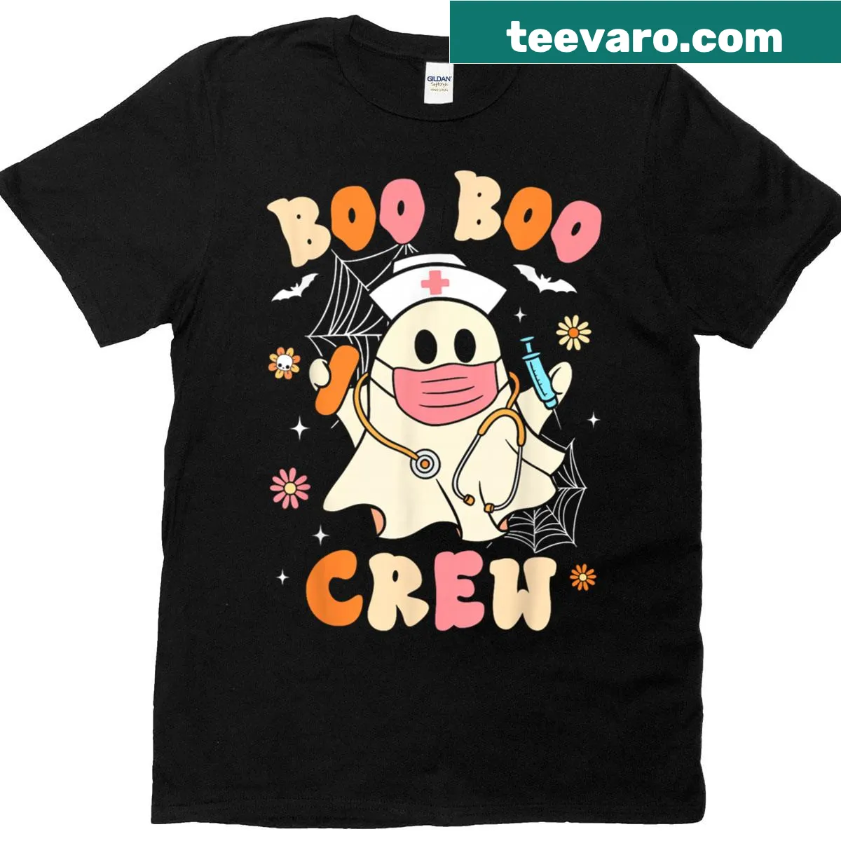 Cute ghost T-shirt for nurses with 'Boo Boo Crew' Halloween theme — on a men's t-shirt
