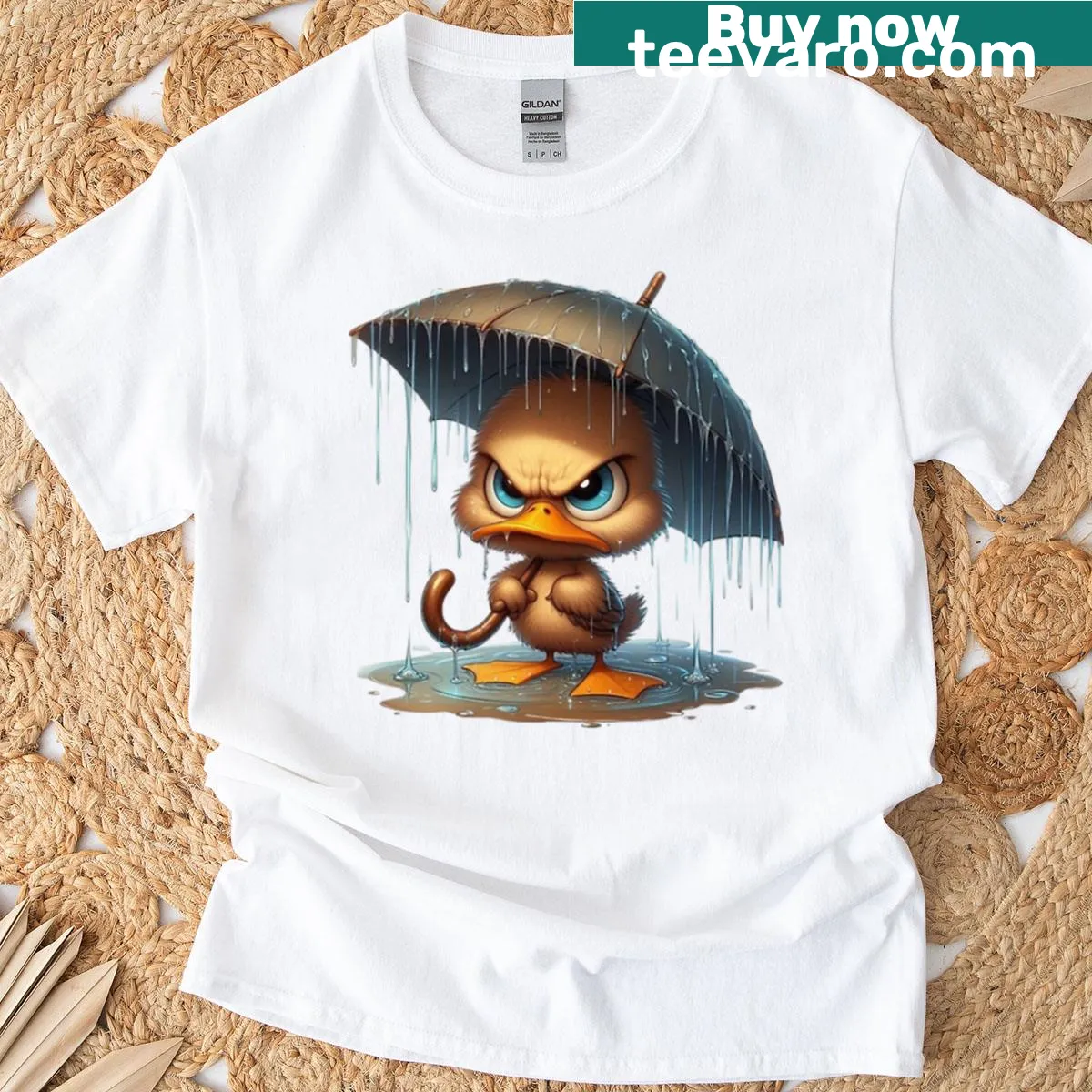 Cute T-shirt featuring a grumpy duckling cartoon illustration — on a men's t-shirt