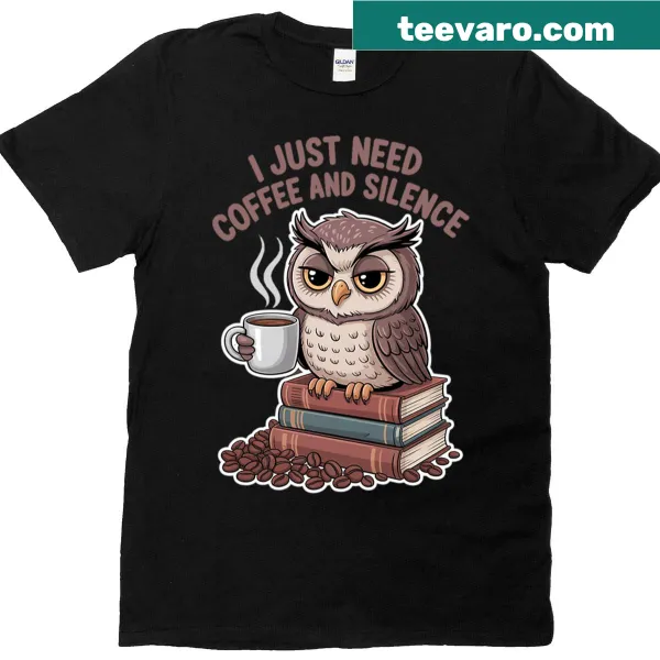 Grumpy owl graphic t-shirt featuring coffee and silence theme