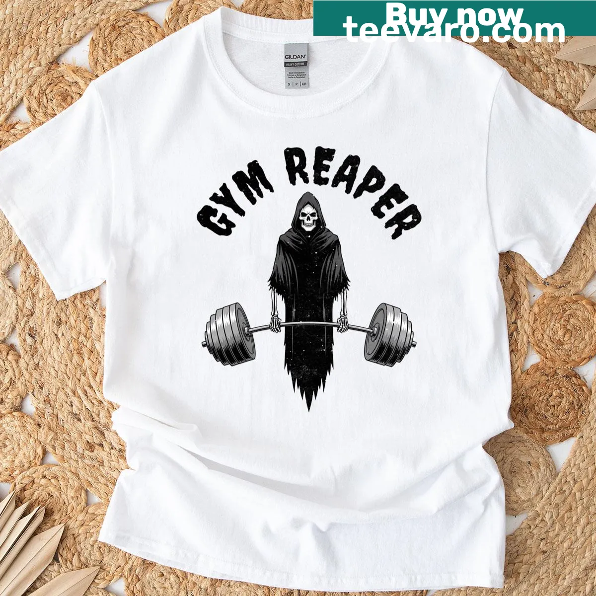 Funny Halloween T-shirt with a skeleton lifting weights and Gym Reaper text — on a men's t-shirt