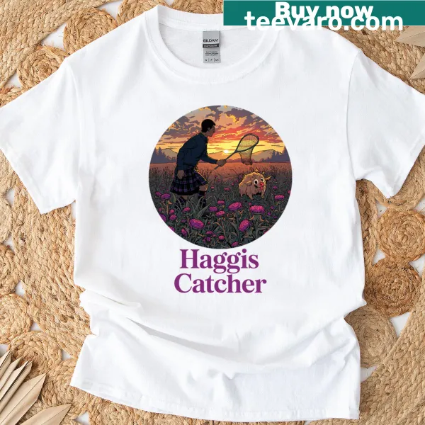 Funny Scottish Highland art t-shirt featuring a haggis catcher