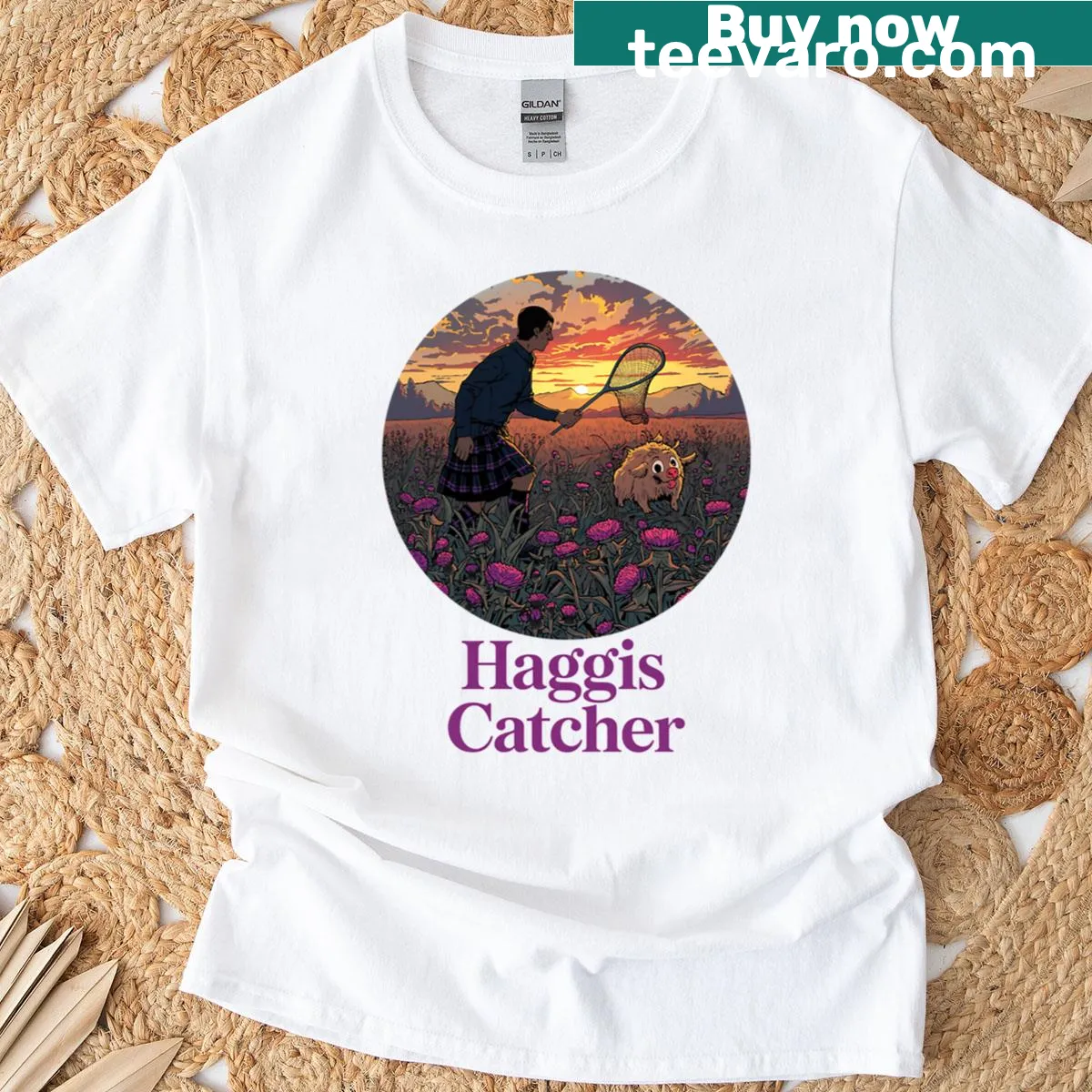 Funny Scottish Highland art t-shirt featuring a haggis catcher — on a men's t-shirt