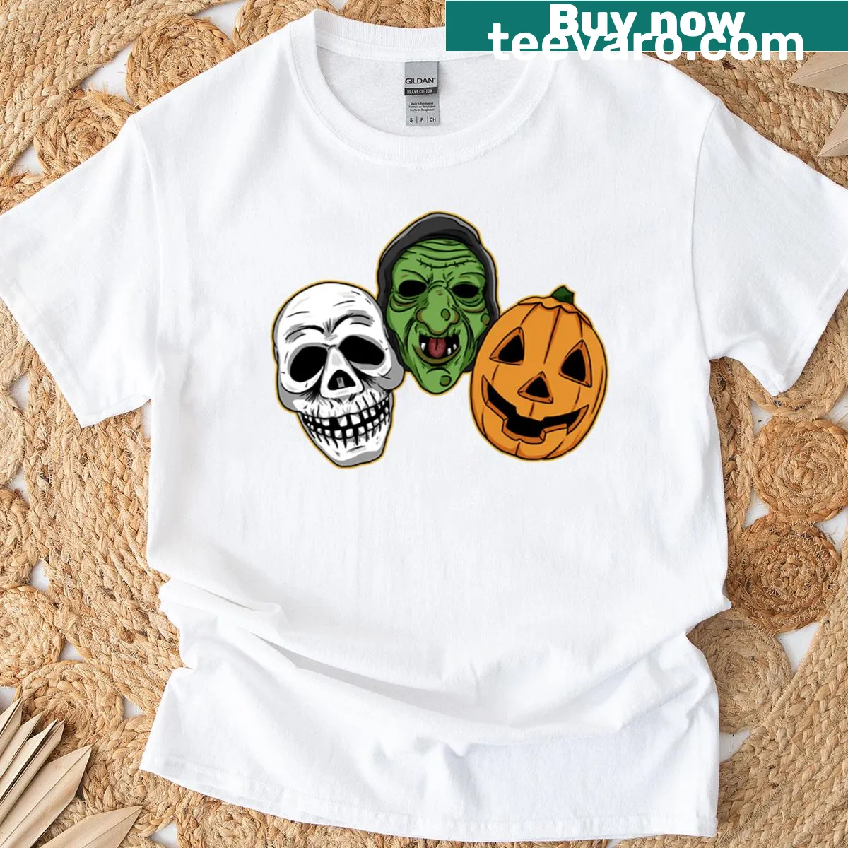 Oversized Halloween 3 t-shirt with Silver Shamrock mask illustration — on a men's t-shirt
