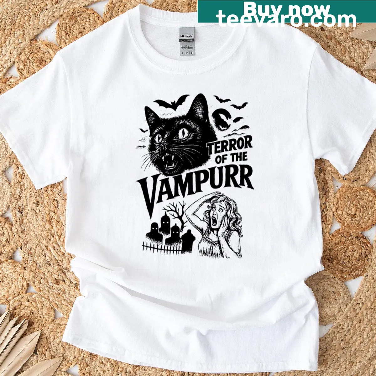Vintage Halloween T-shirt with a cat and horror theme — on a men's t-shirt