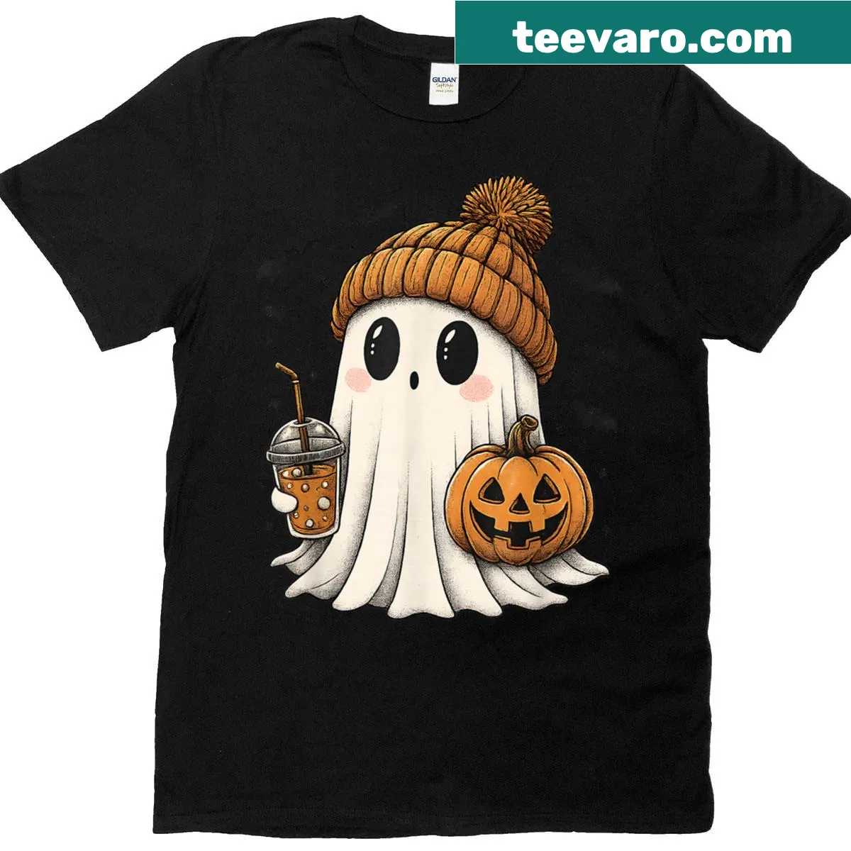 Cute Halloween ghost walking a pug graphic T-shirt — on a men's t-shirt