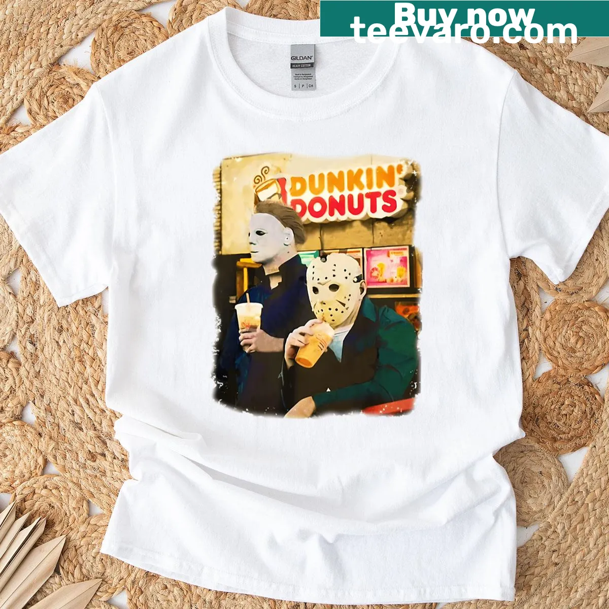 Playful t-shirt combining horror characters and Dunkin' donuts illustration — on a men's t-shirt