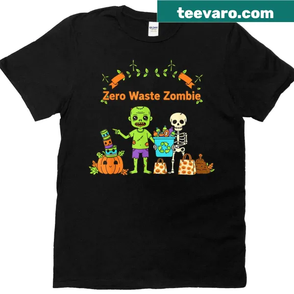 Eco-friendly Halloween t-shirt with cartoon skeleton and pumpkins