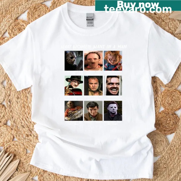 Funny Halloween t-shirt featuring iconic horror characters and humorous text