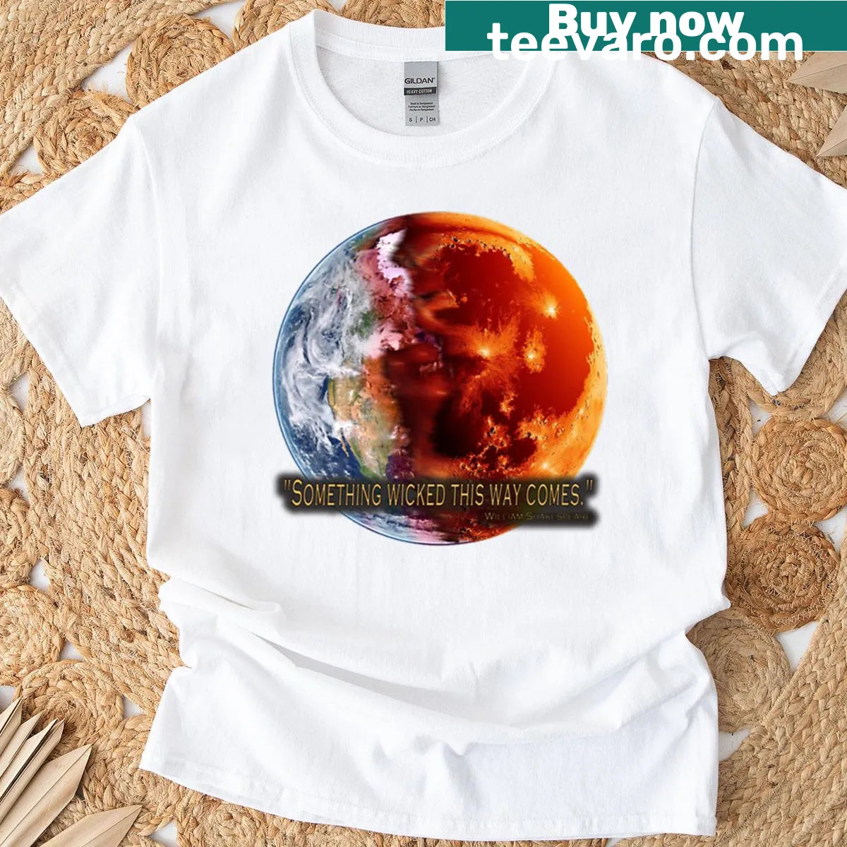 T-shirt with 'Something Wicked This Way Comes' text for Halloween — on a men's t-shirt