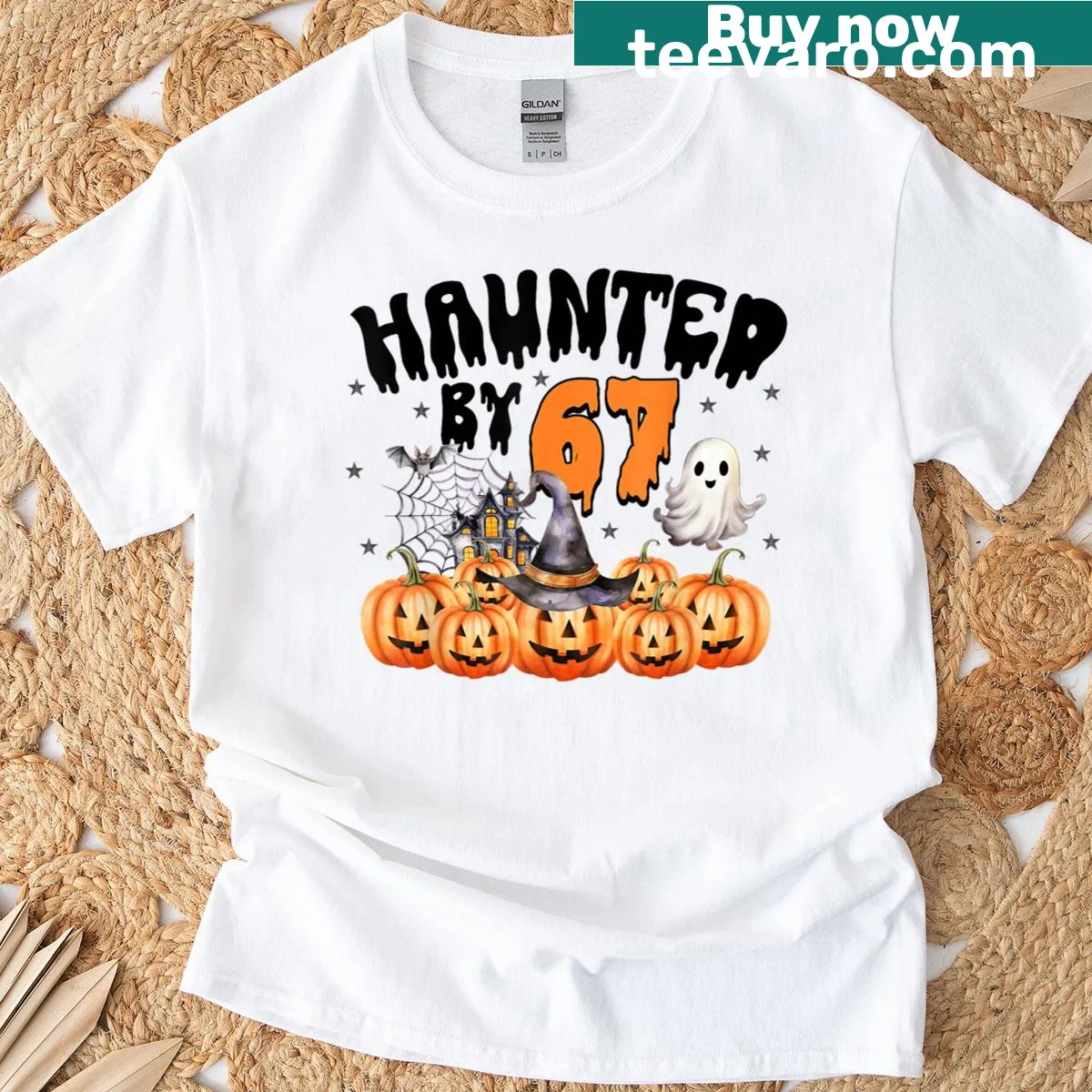 Funny Halloween t-shirt with pumpkin and ghost illustration — on a men's t-shirt