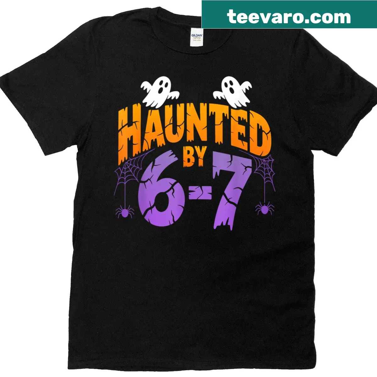 Funny ghost Halloween t-shirt with Six Seven meme design — on a men's t-shirt