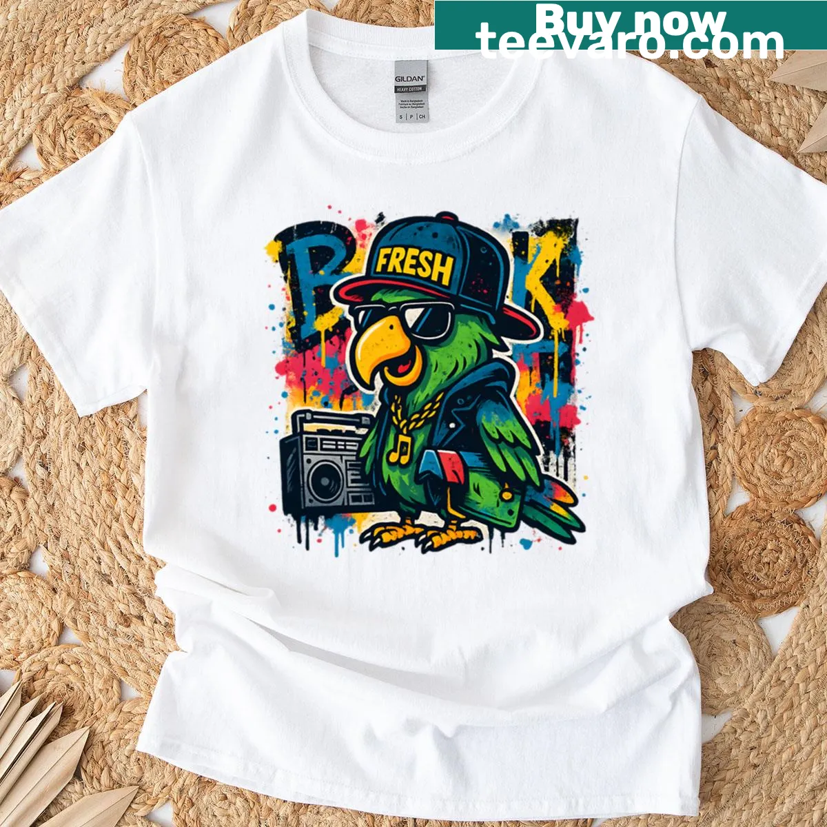 Cartoon parrot graphic on a T-shirt — on a men's t-shirt