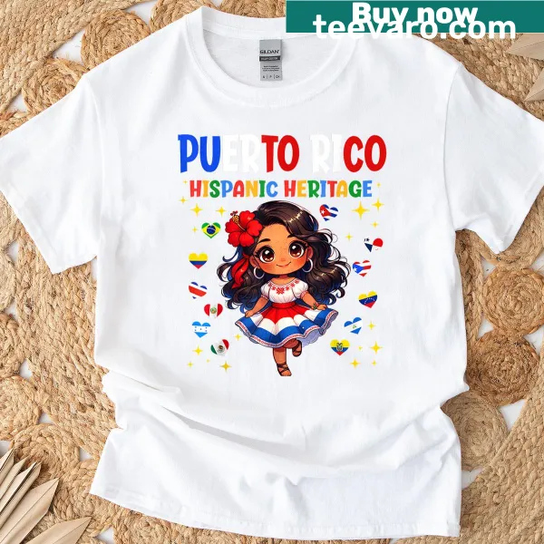 Kids t-shirt featuring a girl with the Puerto Rico flag for Hispanic Heritage Month