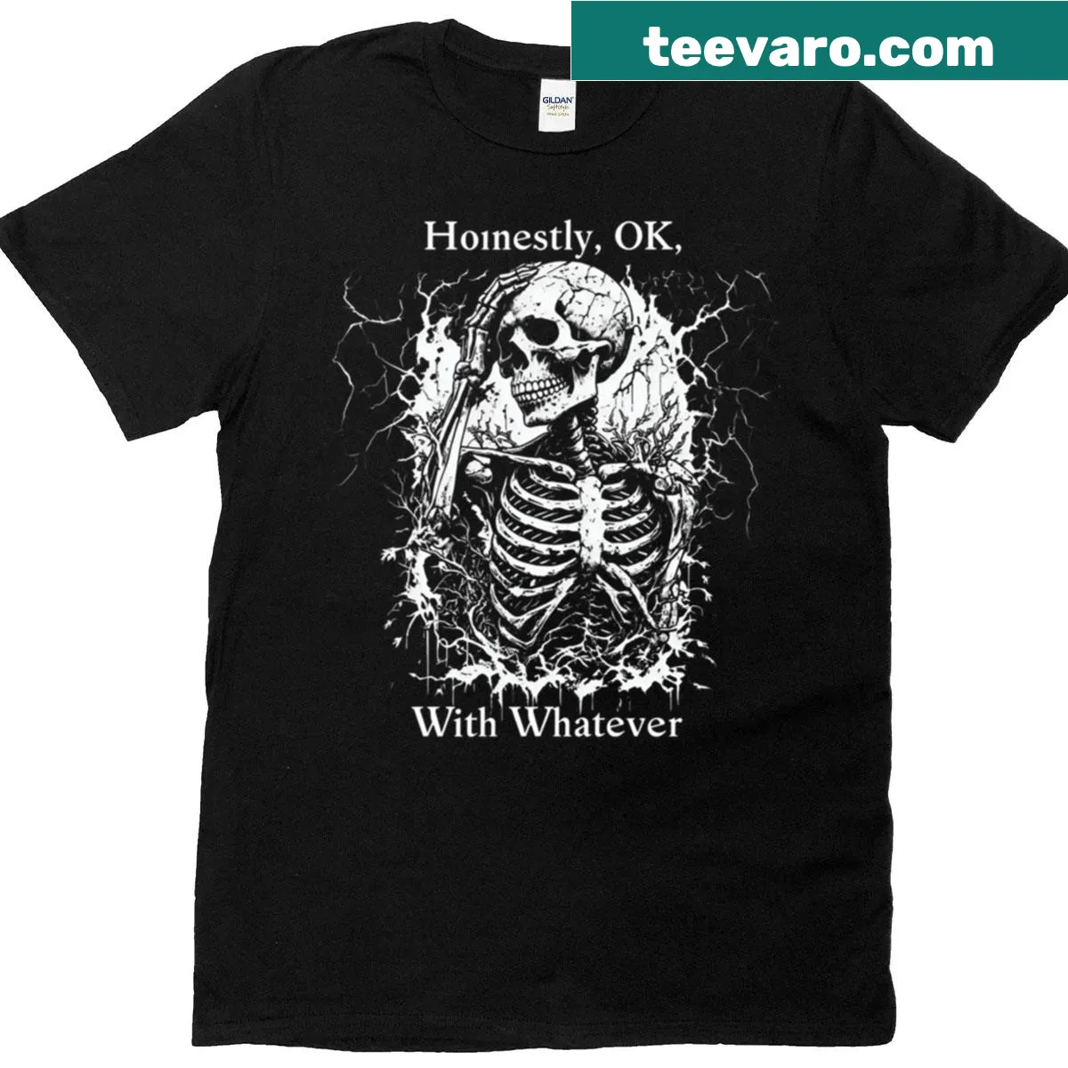 Skeleton t-shirt with 'Honestly Ok With Whatever' text — on a men's t-shirt
