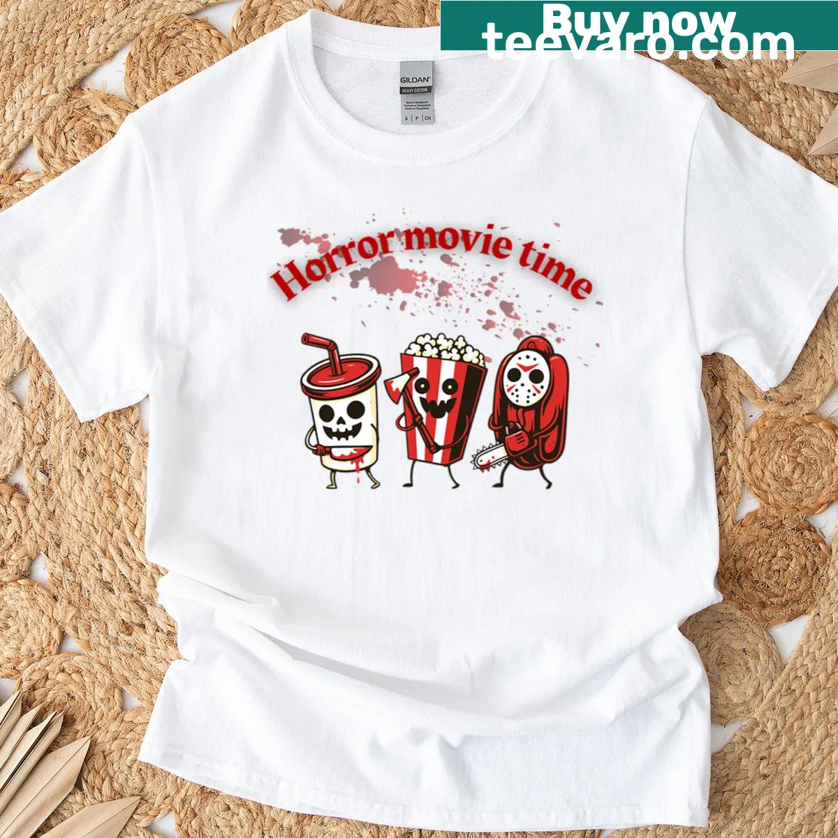 Oversized T-shirt with horror movie-themed graphic and bold typography — on a men's t-shirt