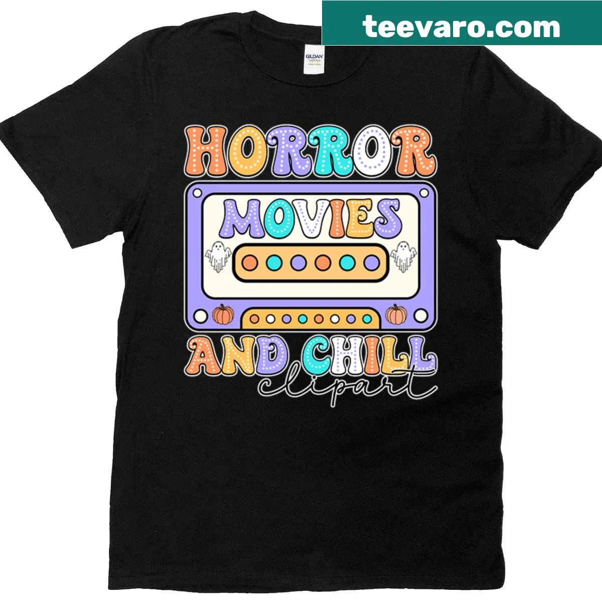Horror-themed t-shirt with clipart of famous horror movie images — on a men's t-shirt