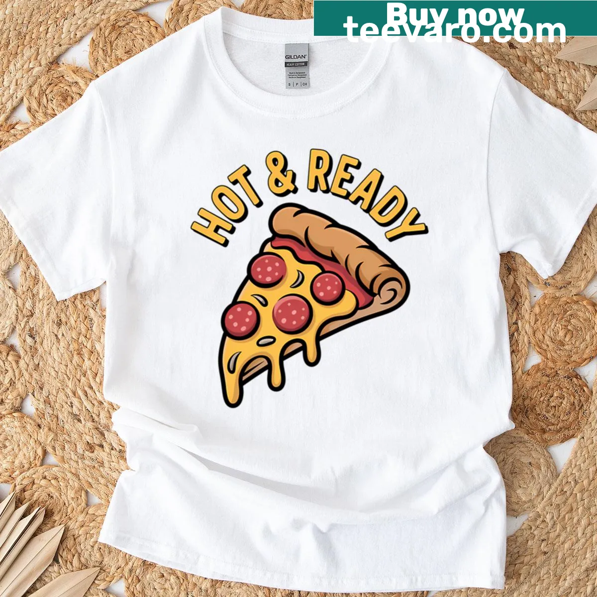 Funny t-shirt featuring a playful pizza slice graphic — on a men's t-shirt