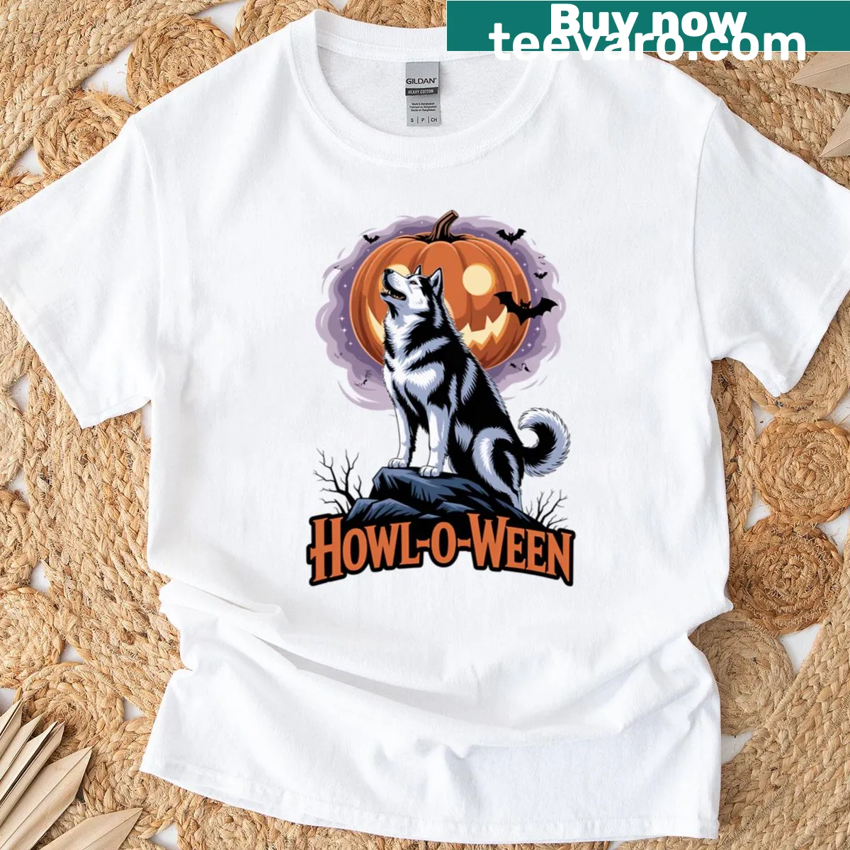 Halloween-themed T-shirt featuring a spooky husky in costume — on a men's t-shirt