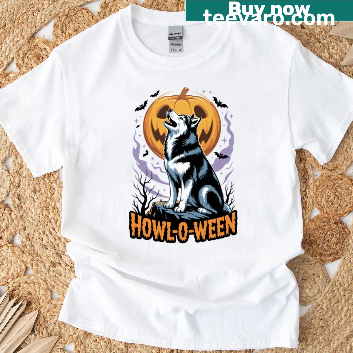 Halloween shirt featuring a husky in a spooky costume — on a men's t-shirt