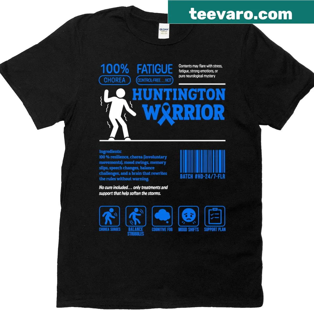 Awareness T-shirt for Huntington's Disease with warrior text — on a men's t-shirt