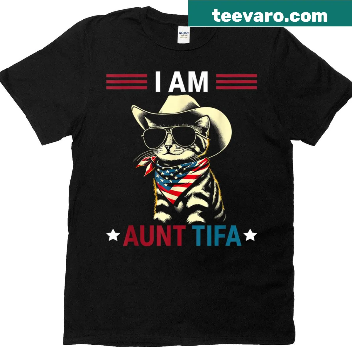 Aunt Tifa Cat t-shirt featuring playful cat graphics — on a men's t-shirt