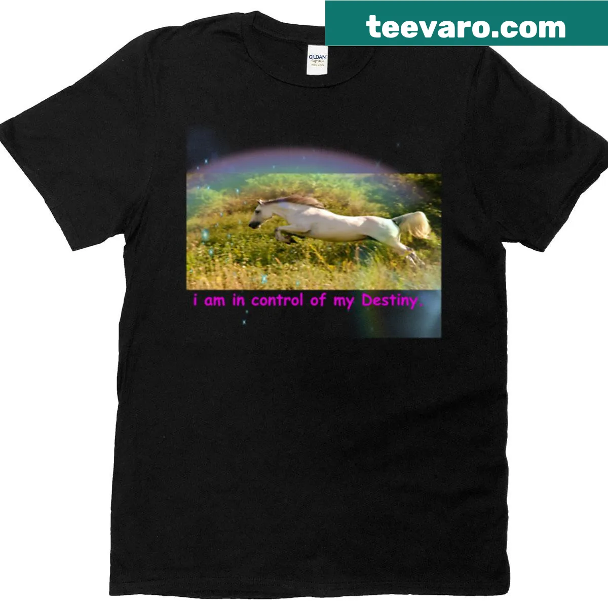 Inspirational horse-themed 'I Am In Control Of My Destiny' t-shirt — on a men's t-shirt