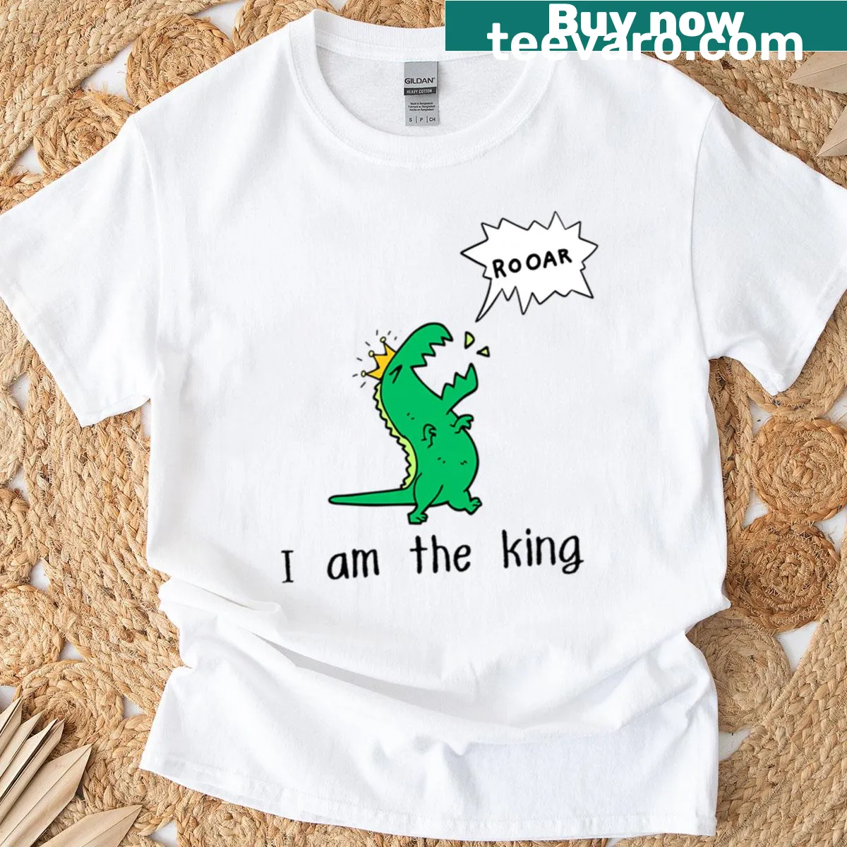 Oversized T-shirt featuring a cartoon dinosaur wearing a crown — on a men's t-shirt