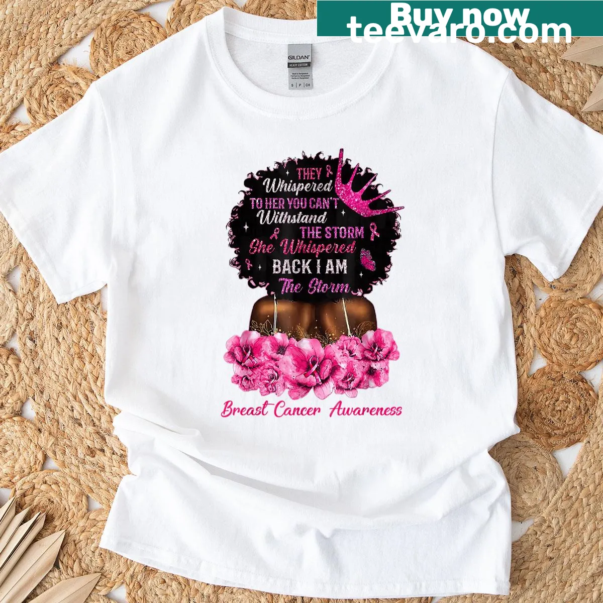Illustration of a strong Black woman for breast cancer awareness t-shirt — on a men's t-shirt
