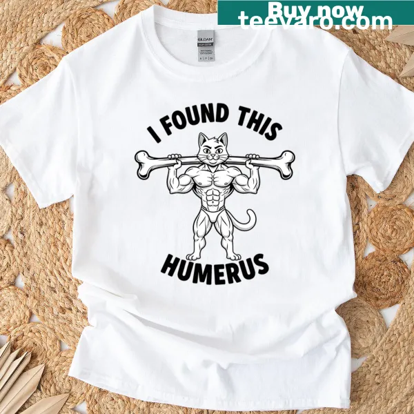 Funny T-shirt with a muscular cat holding a bone