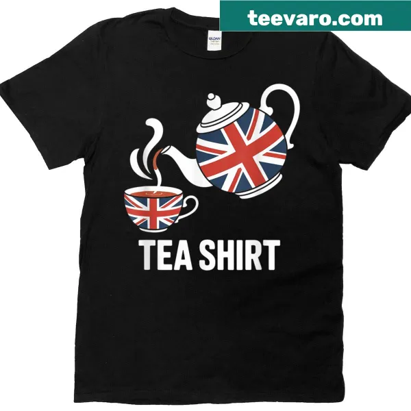 Novelty t-shirt with UK flag and tea-themed graphic