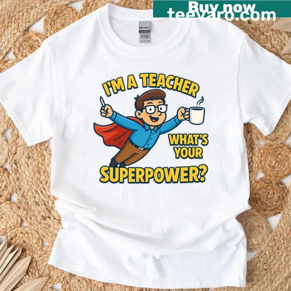 Teacher t-shirt with superhero graphic and proud text.