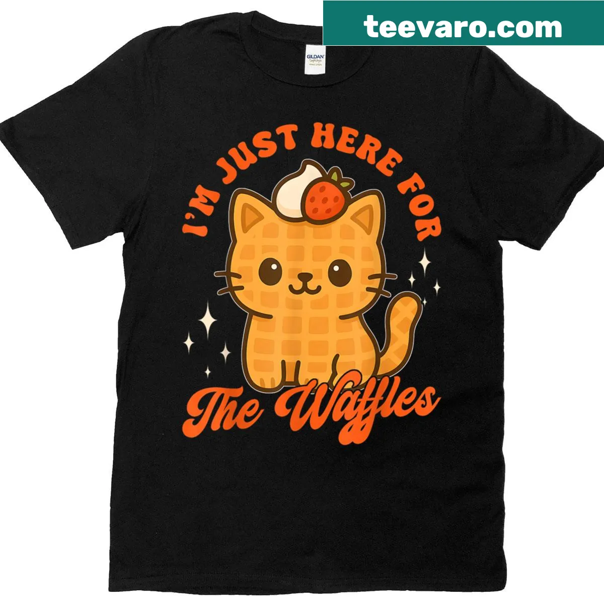 Cute cat graphic with text about waffles on T-shirt — on a men's t-shirt