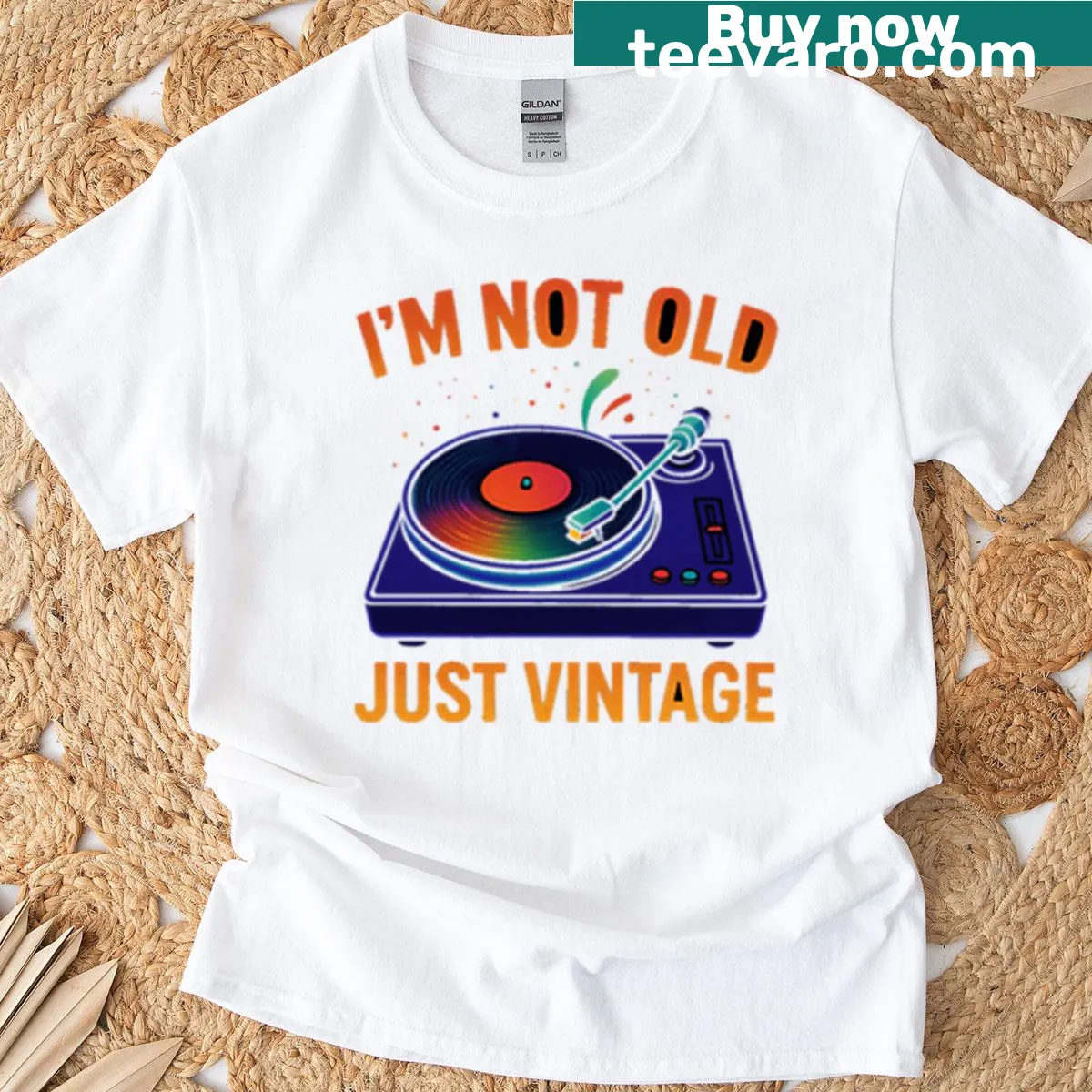 Vintage graphic T-shirt with turntable design and playful text — on a men's t-shirt
