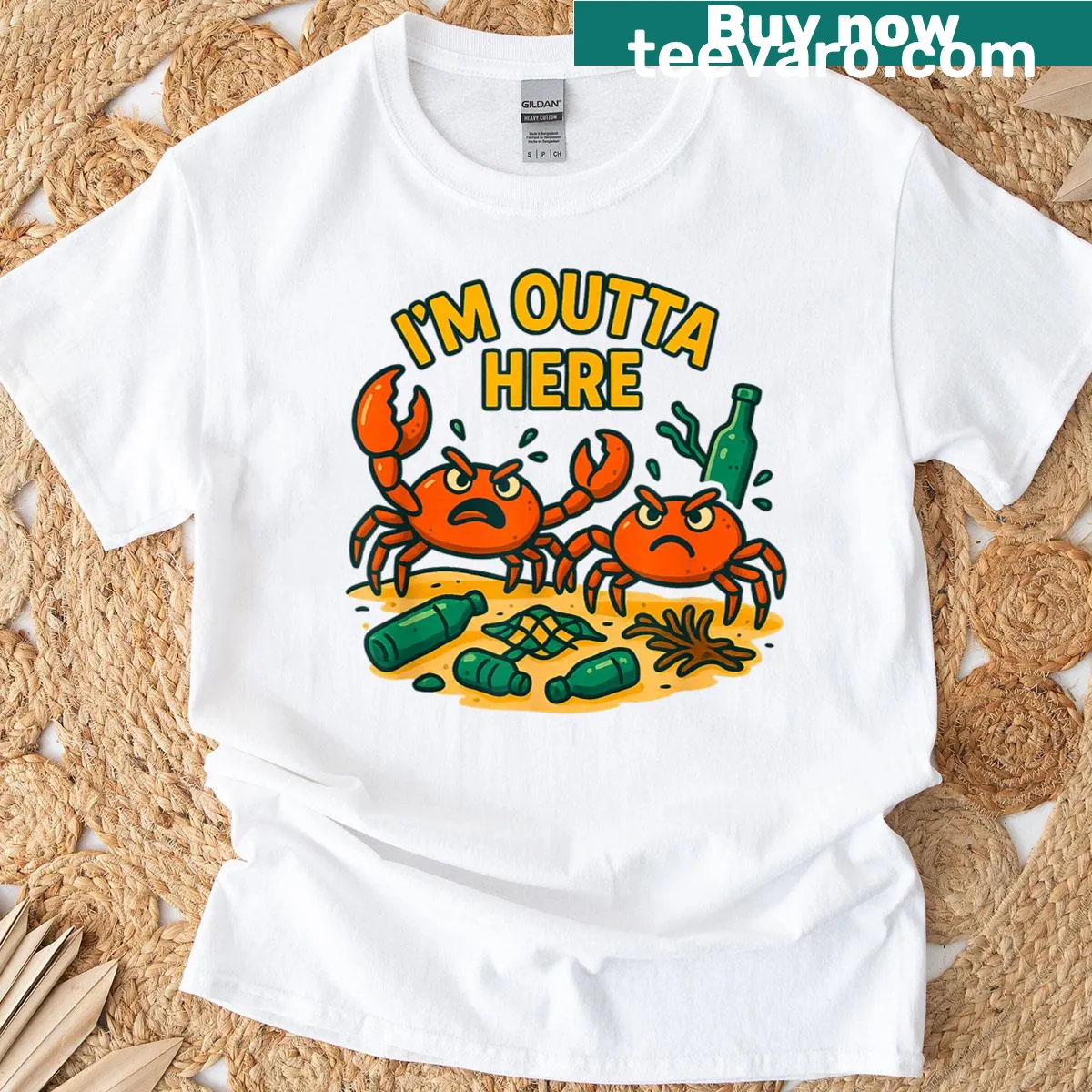 T-shirt featuring angry crabs and a message about ocean pollution — on a men's t-shirt