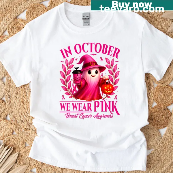 Halloween t-shirt with ghosts and a breast cancer awareness message
