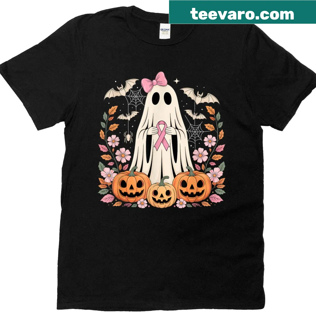 Halloween T-shirt with pink ghosts and pumpkin designs — on a men's t-shirt
