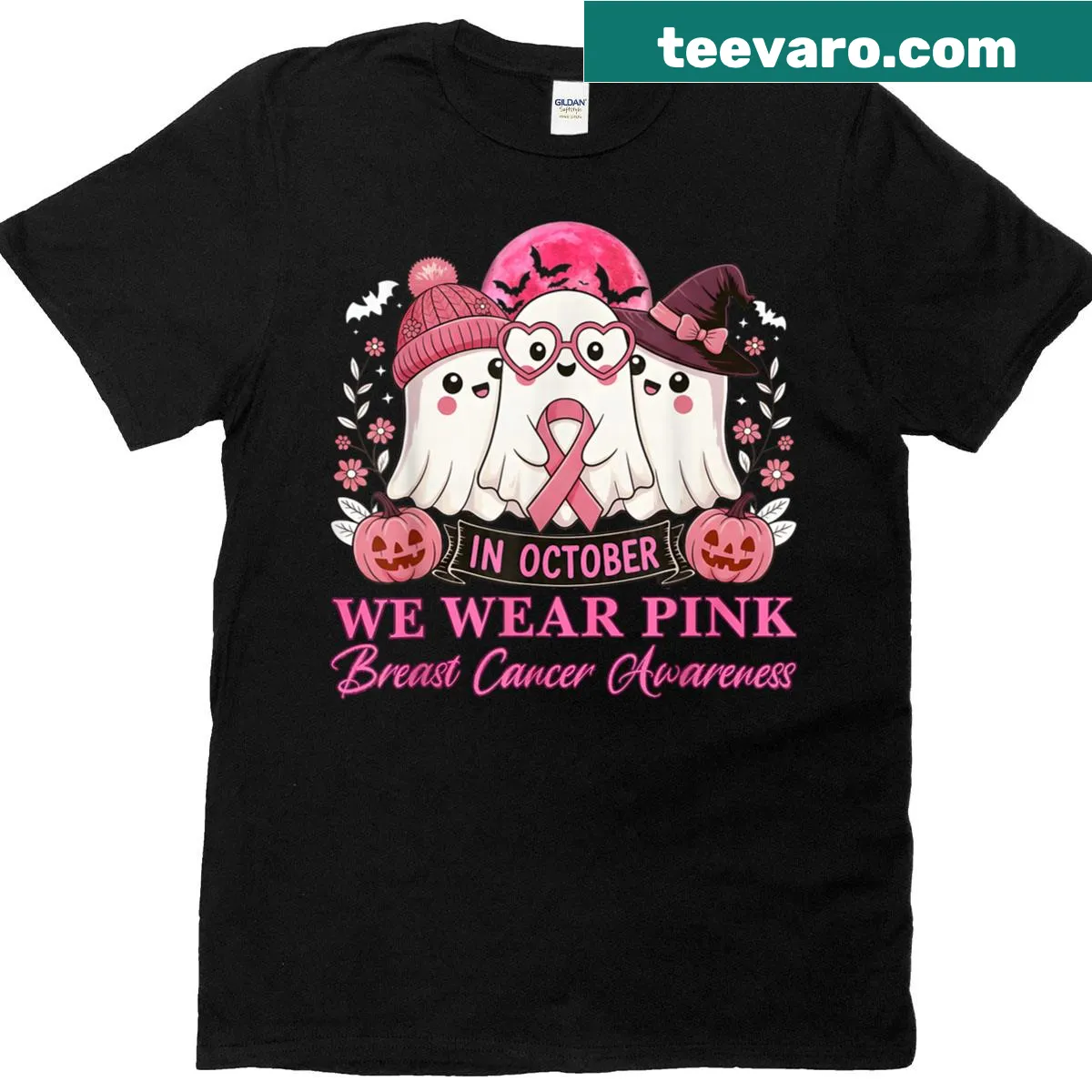 Illustration of a ghost with the phrase In October We Wear Pink. — on a men's t-shirt