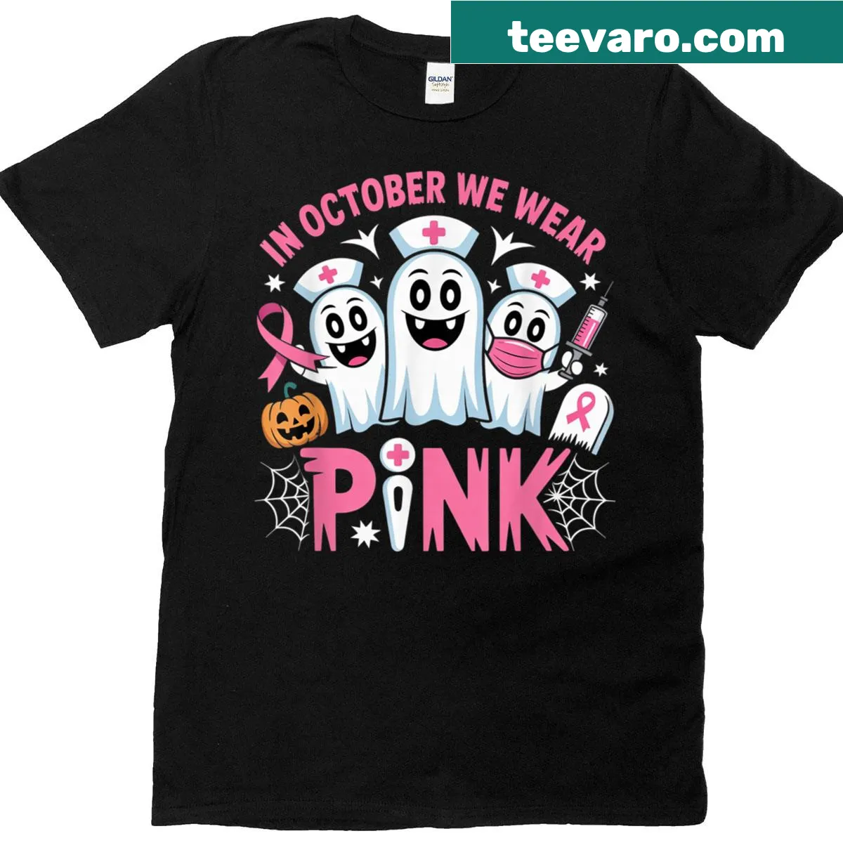 Ghost with nurse's cap and In October We Wear Pink text. — on a men's t-shirt