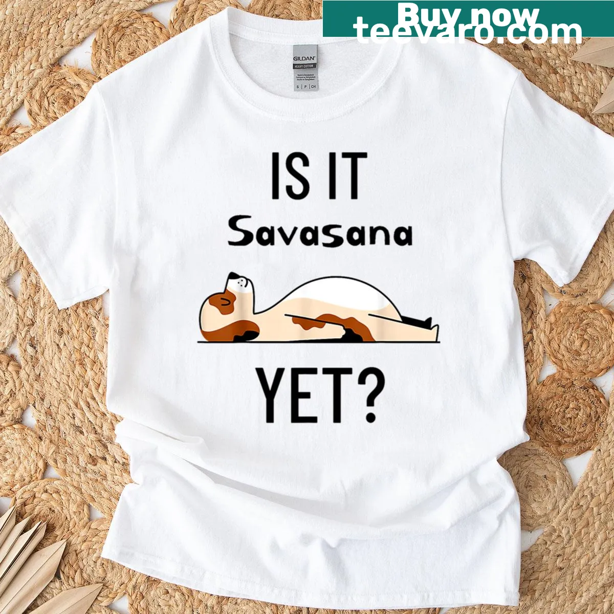 Yoga-themed t-shirt with a playful dog graphic and text — on a men's t-shirt
