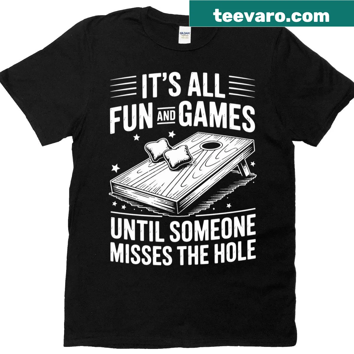 Graphic T-shirt celebrating cornhole games with a humorous illustration — on a men's t-shirt